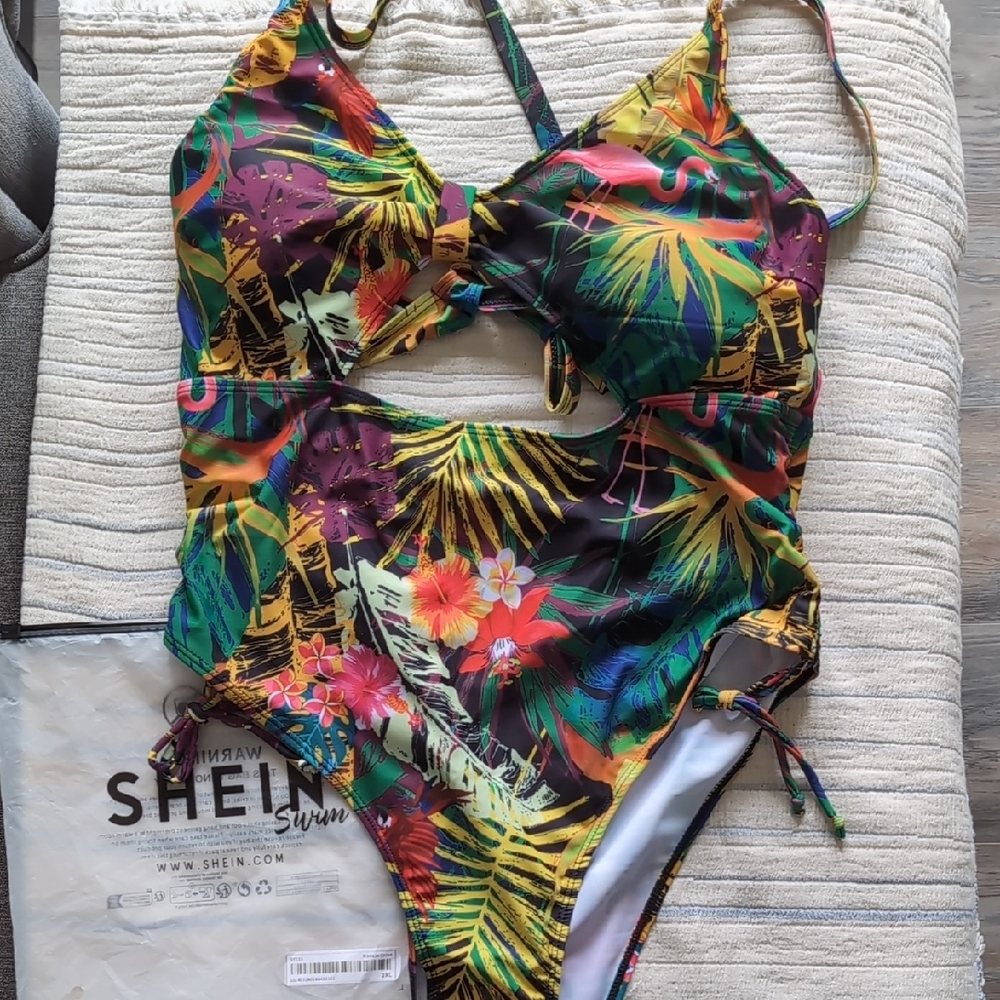 SHEIN Green and Yellow One Piece Tropical Swimsuit